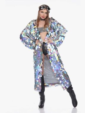 Iridescent Sequin Long Duster Coat - Festival